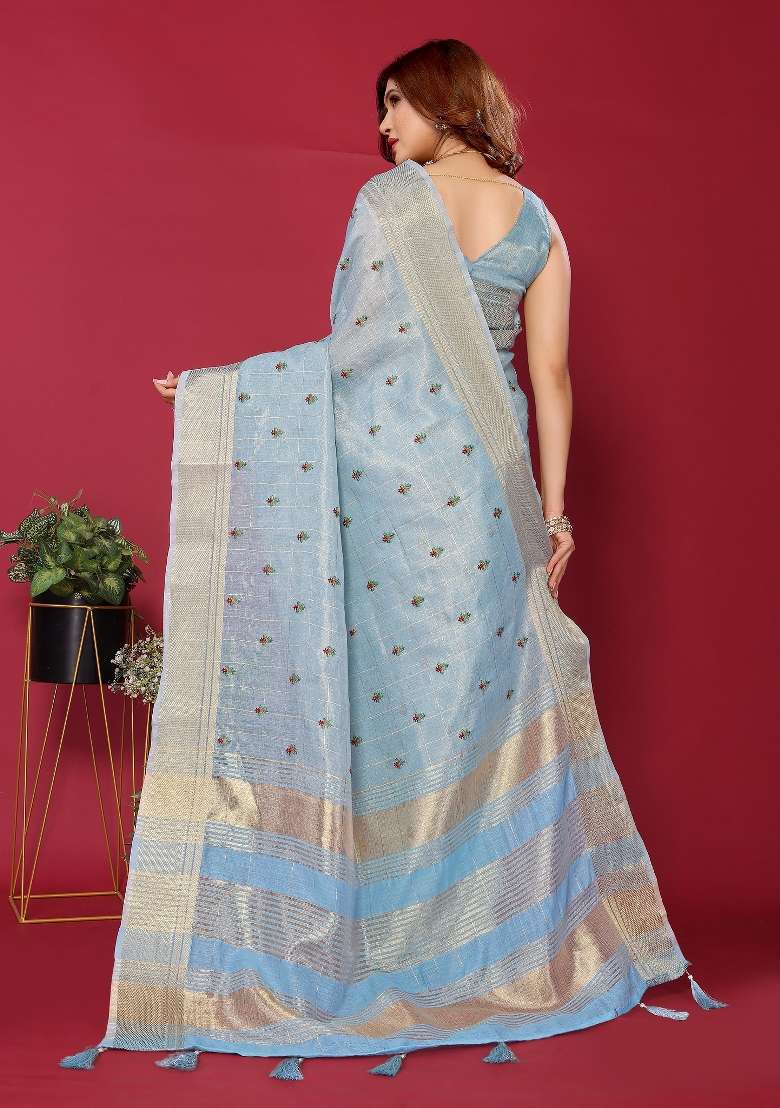 Blue Embroidery Silk Saree Set - Indya