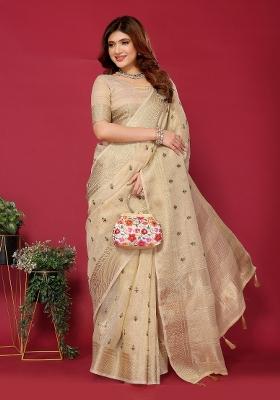 Cream Embroidery Silk Saree Set