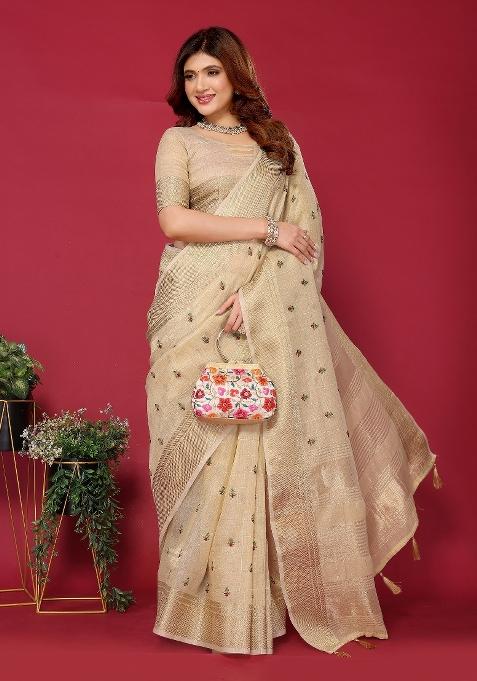 Cream Embroidery Silk Saree Set