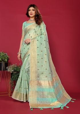 Green Embroidery Silk Saree Set