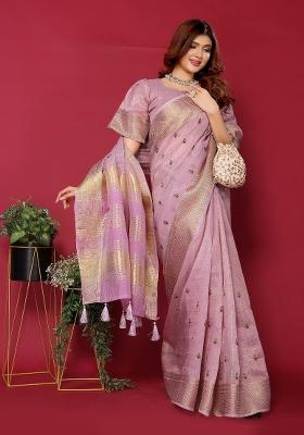 Purple Embroidery Silk Saree Set