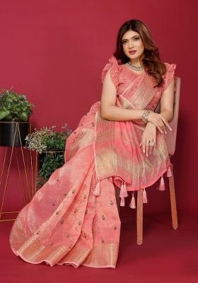 Pink Embroidery Silk Saree Set