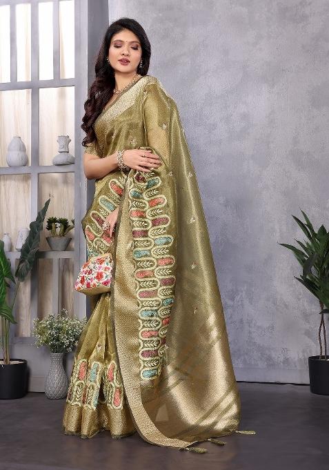 Green Embroidery Silk Saree Set