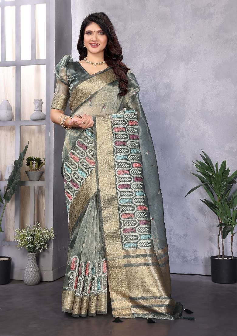 Rama Embroidery Silk Saree Set - Indya
