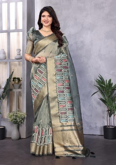 Rama Embroidery Silk Saree Set