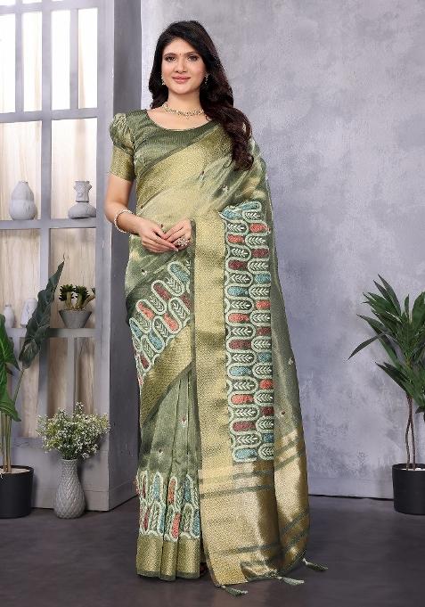 Mehendi Green Embroidery Silk Saree Set