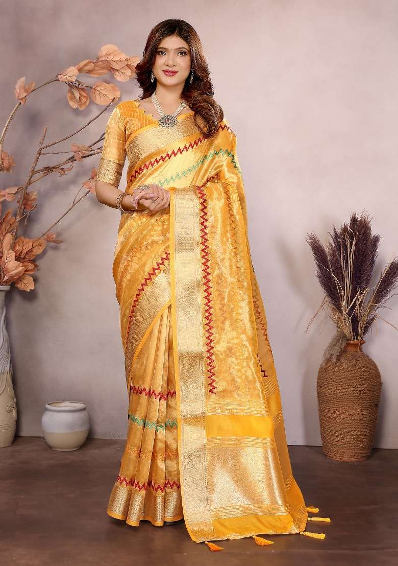 Yellow Embroidery Silk Saree Set - Indya
