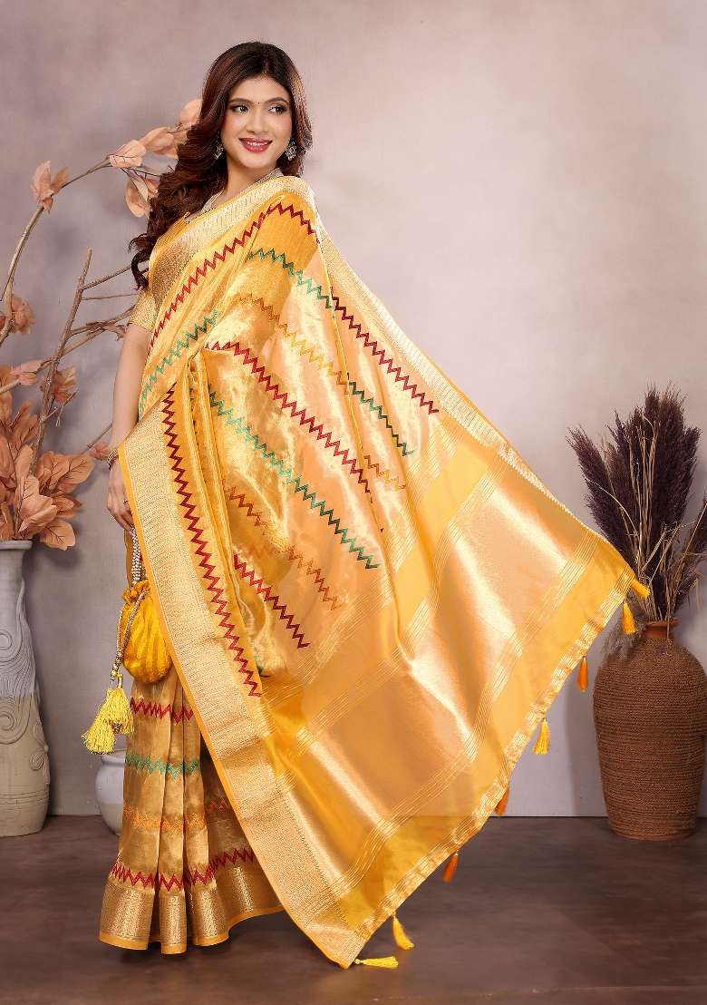 Yellow Embroidery Silk Saree Set - Indya