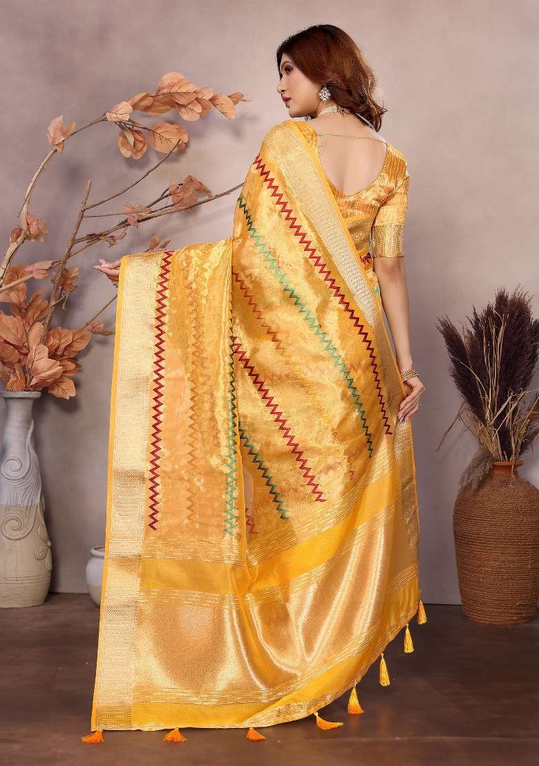 Yellow Embroidery Silk Saree Set - Indya
