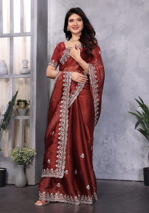 Maroon Embroidery Jimmy Choo Saree Set