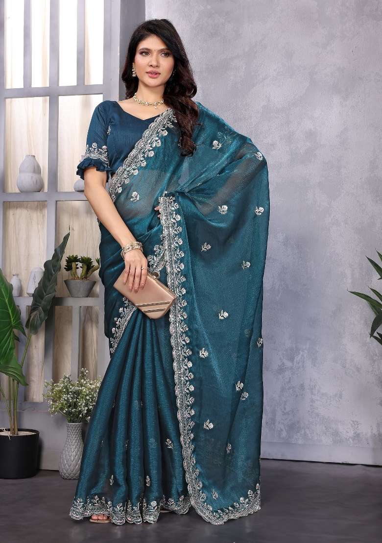 Rama Embroidery Jimmy Choo Saree Set - Indya