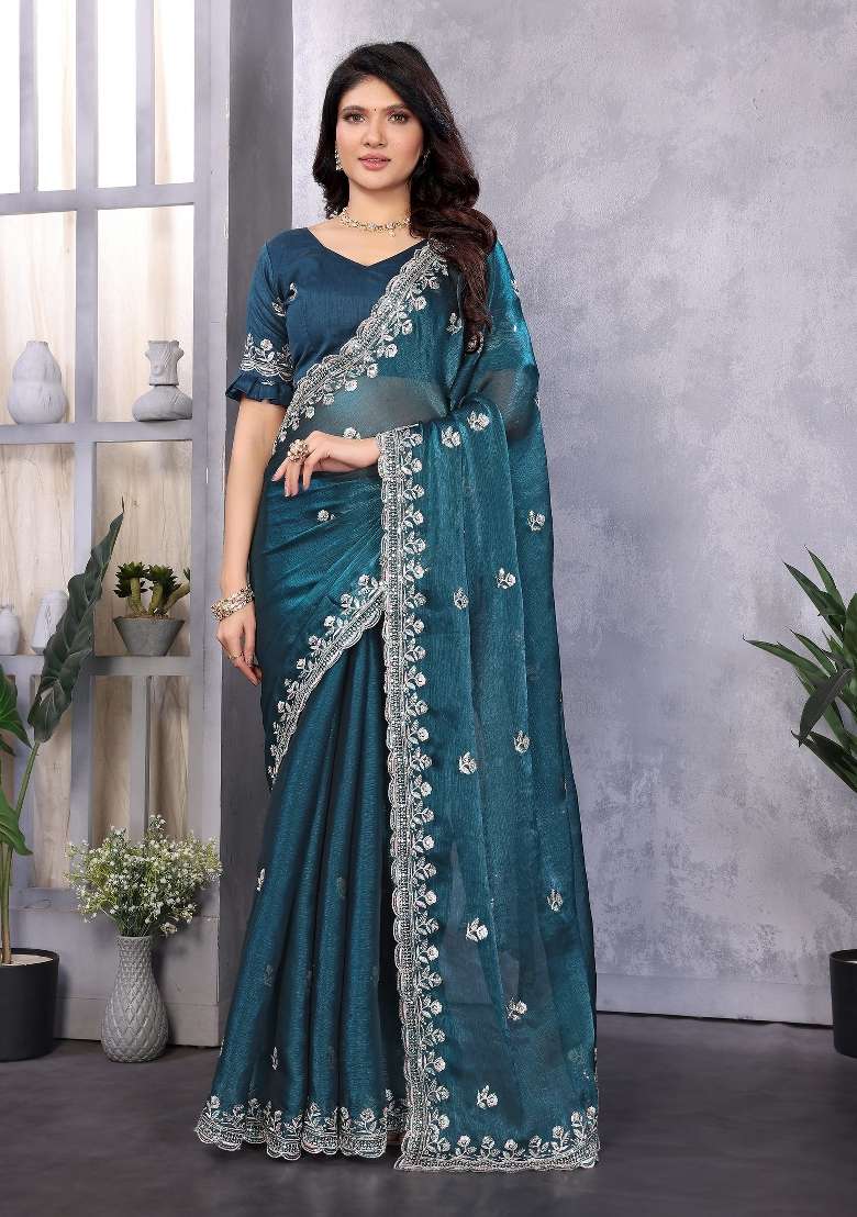Rama Embroidery Jimmy Choo Saree Set - Indya