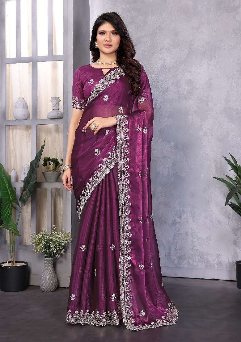 Purple Embroidery Jimmy Choo Saree Set - Indya