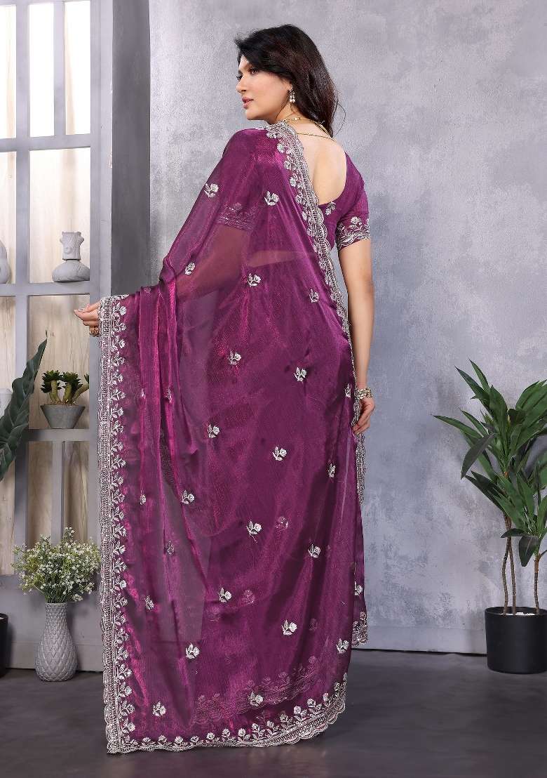 Purple Embroidery Jimmy Choo Saree Set - Indya