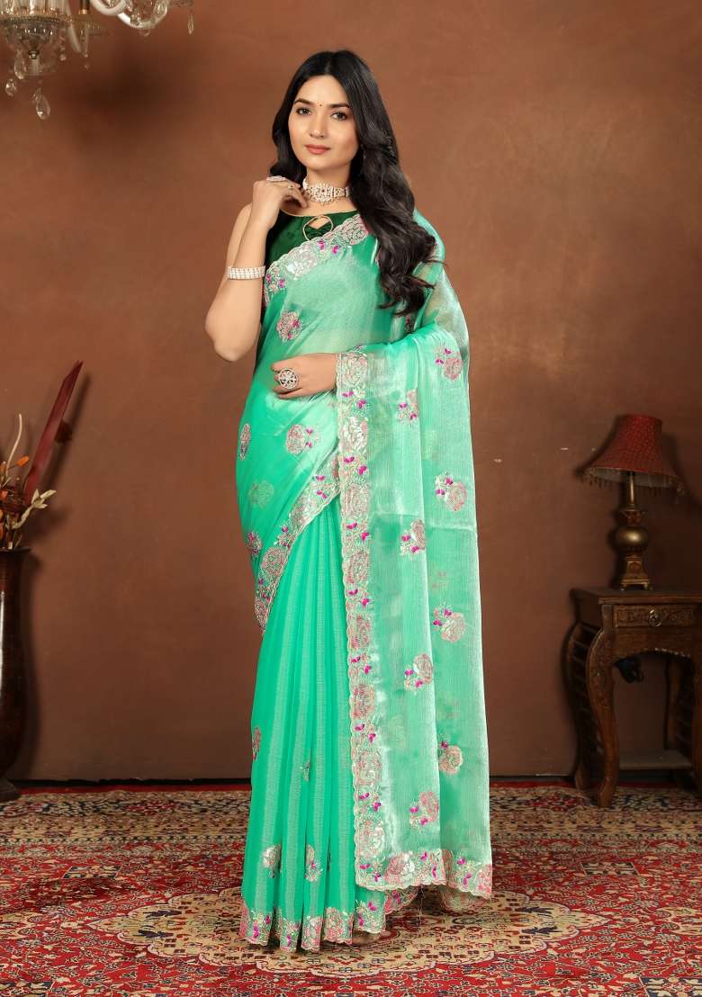 Green Embroidery Jimmy Choo Saree Set - Indya