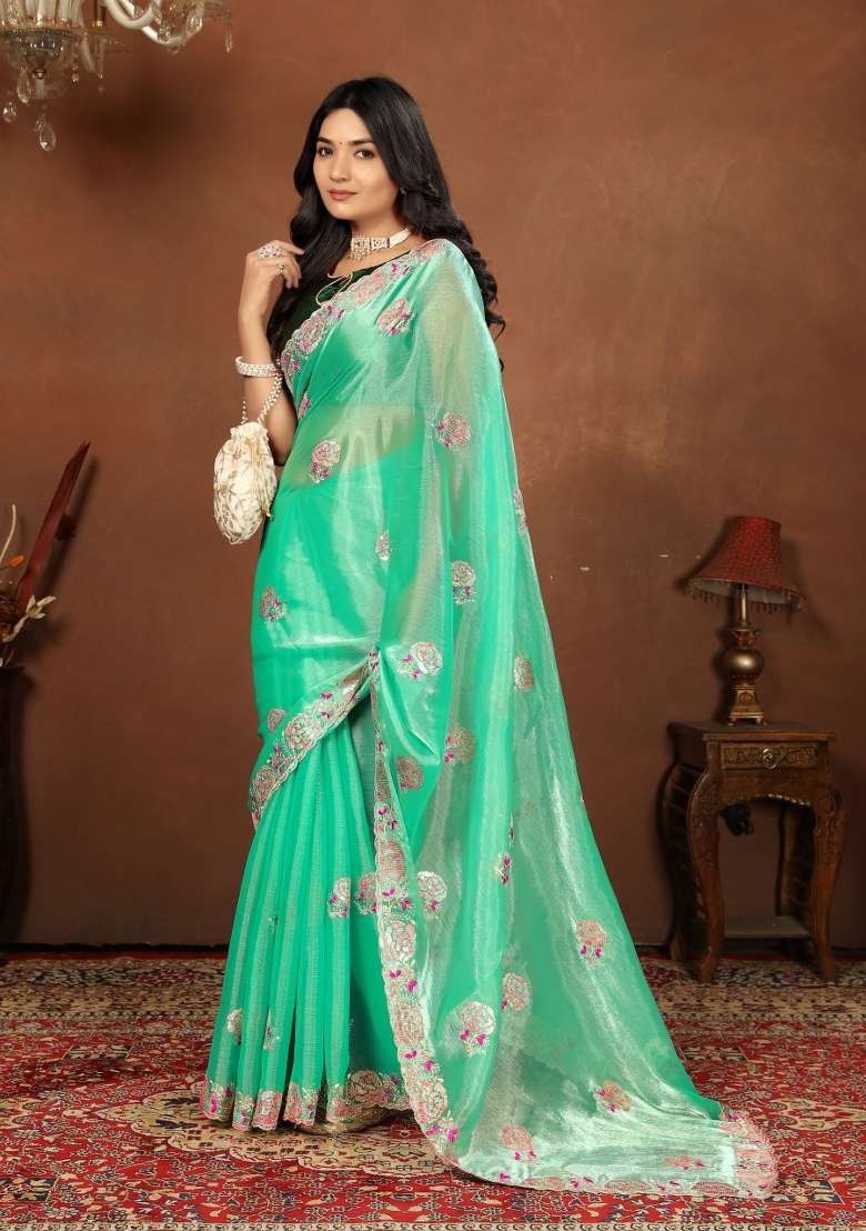 Green Embroidery Jimmy Choo Saree Set - Indya