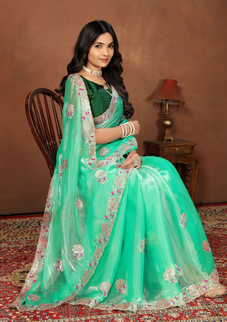 Green Embroidery Jimmy Choo Saree Set - Indya