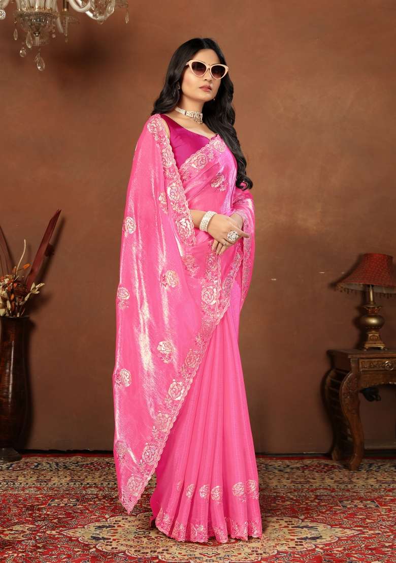 Pink Embroidery Jimmy Choo Saree Set - Indya