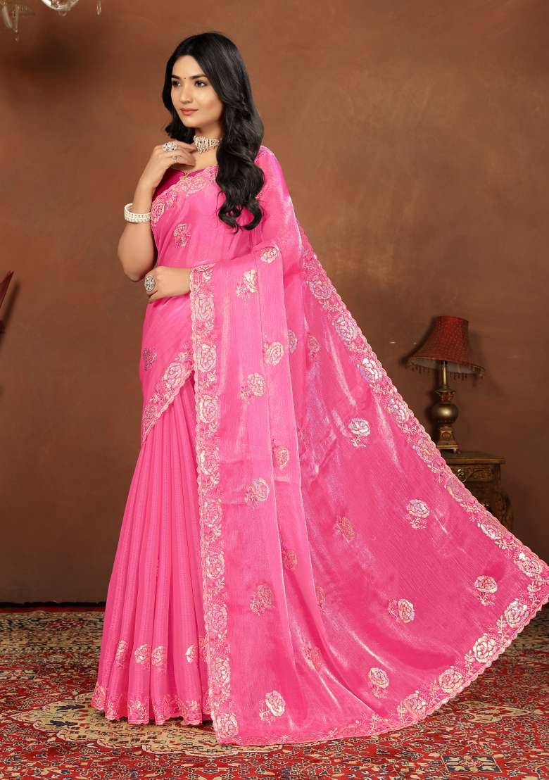 Pink Embroidery Jimmy Choo Saree Set - Indya