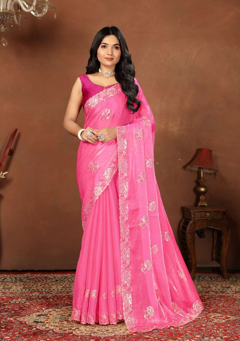 Pink Embroidery Jimmy Choo Saree Set - Indya