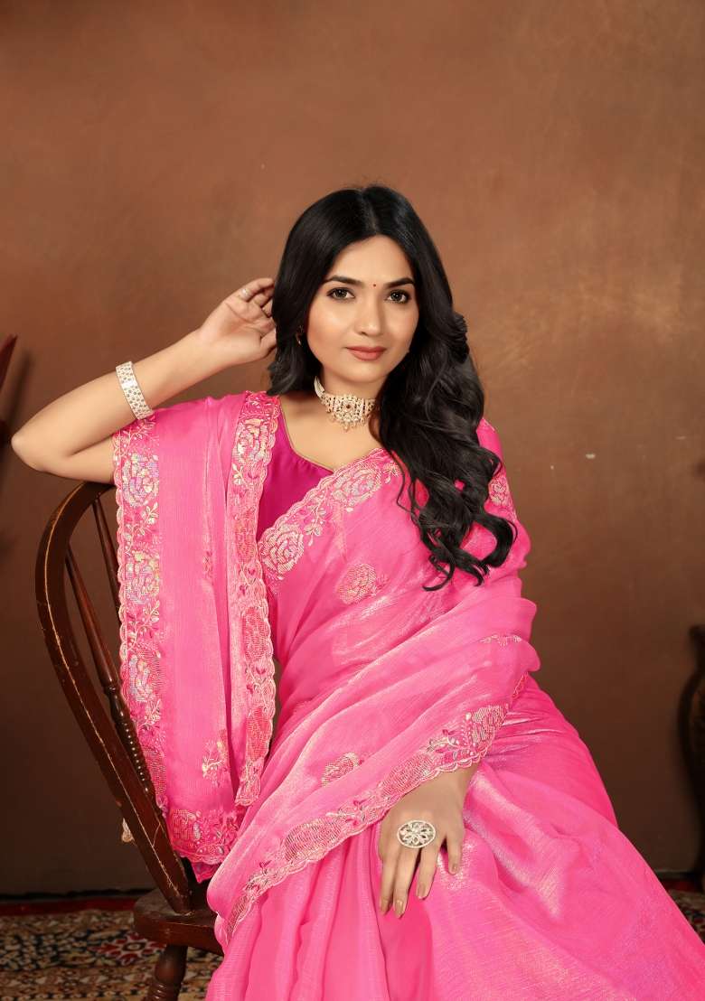 Pink Embroidery Jimmy Choo Saree Set - Indya