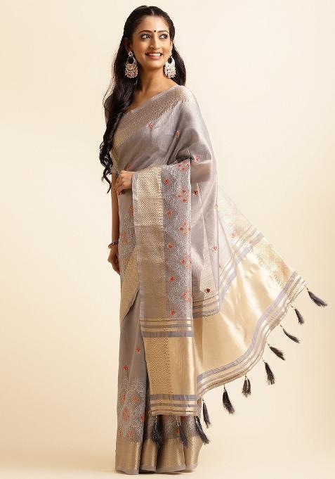 Grey Embroidery Silk Saree Set
