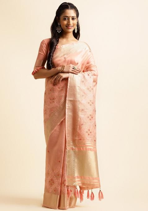 Pink Embroidery Silk Saree Set