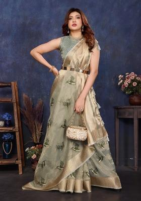Grey Embroidery Silk Saree Set