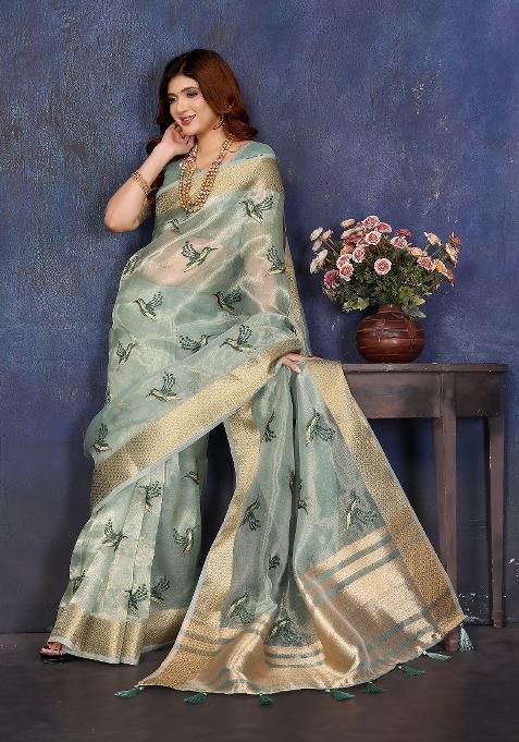 Blue Embroidery Silk Saree Set