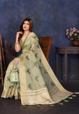 Green Embroidery Silk Saree Set
