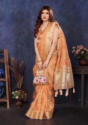 Orange Embroidery Silk Saree Set