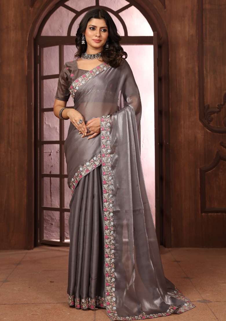 Grey Embroidery Jimmy Choo Saree Set - Indya