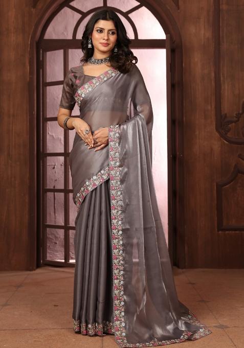 Grey Embroidery Jimmy Choo Saree Set