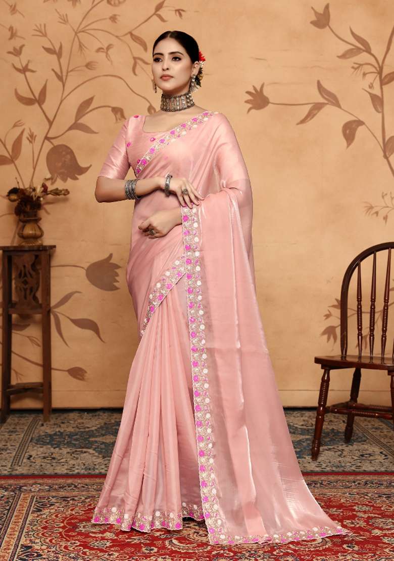 Off White Embroidery Jimmy Choo Saree Set - Indya