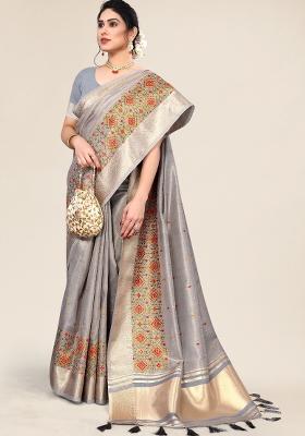 Grey Embroidery Silk Saree Set