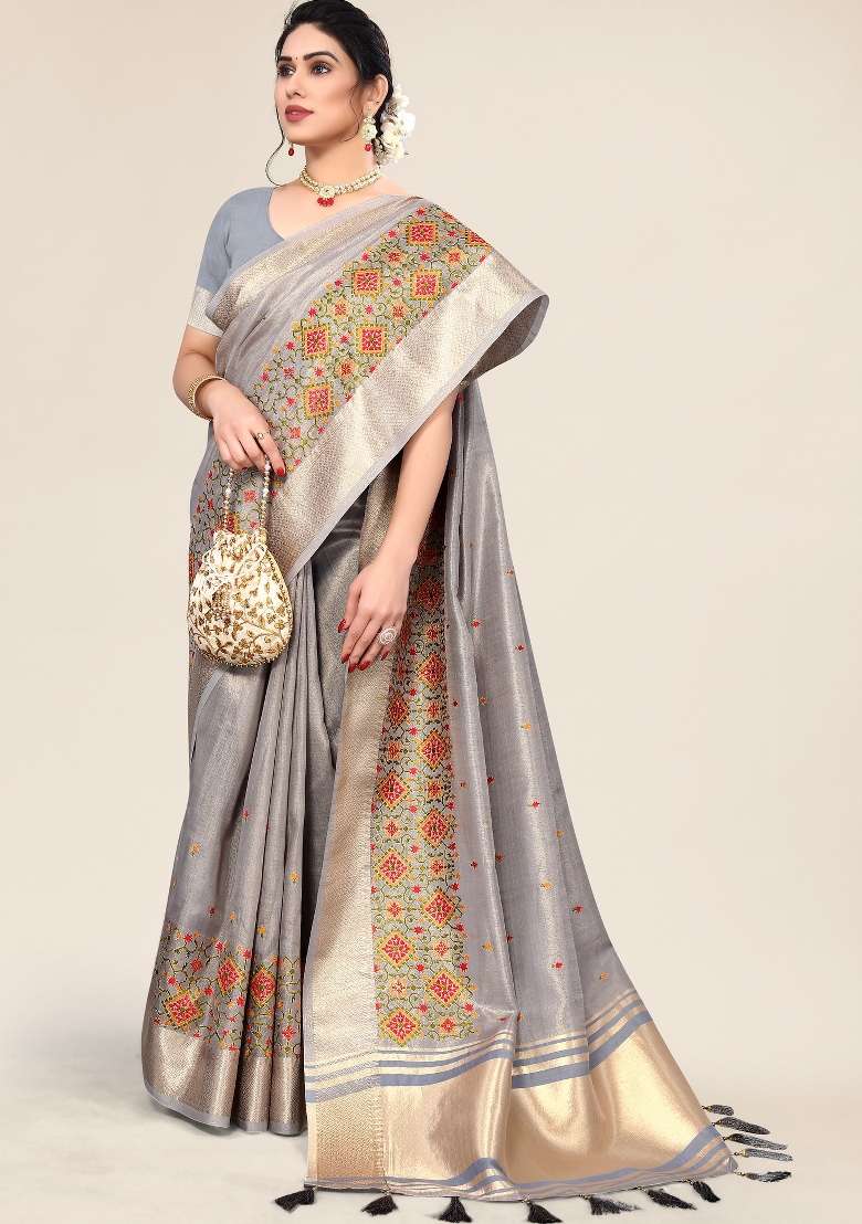 Grey Embroidery Silk Saree Set - Indya