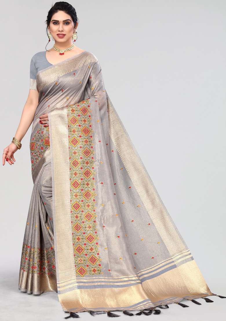 Grey Embroidery Silk Saree Set - Indya