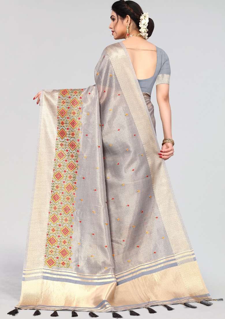 Grey Embroidery Silk Saree Set - Indya