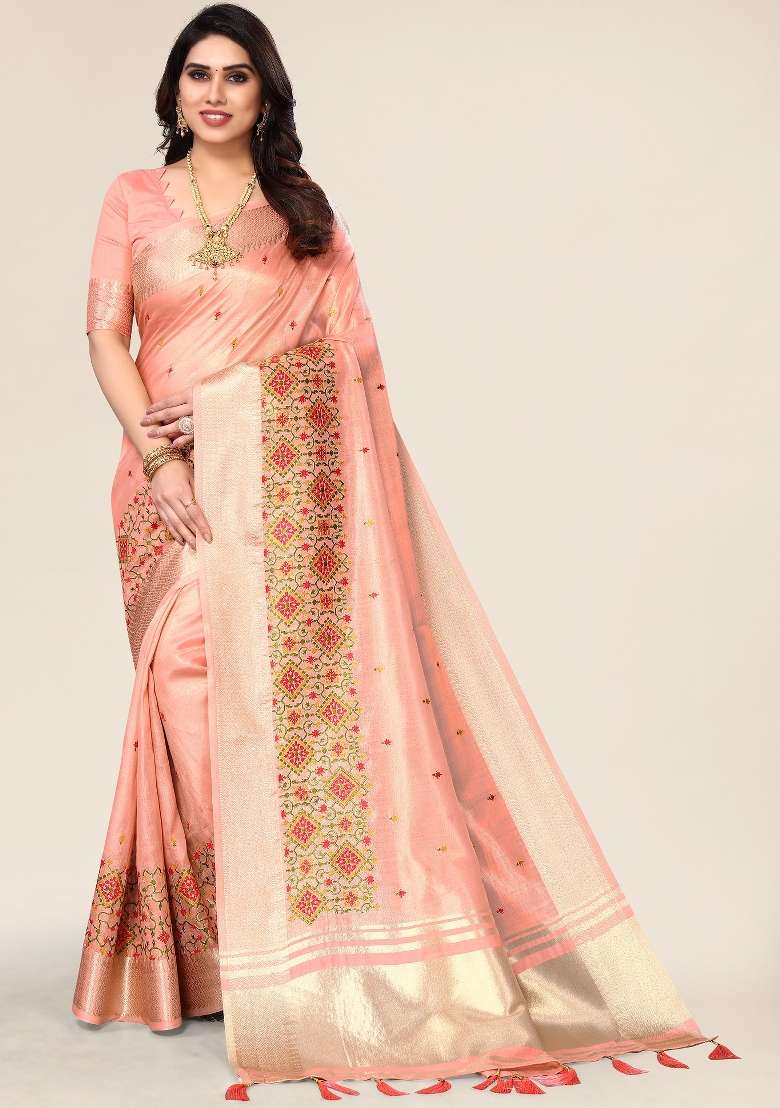Orange Embroidery Silk Saree Set - Indya