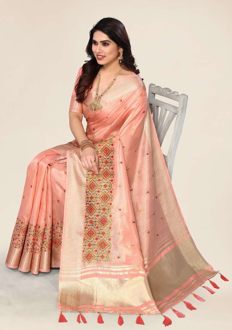 Orange Embroidery Silk Saree Set - Indya