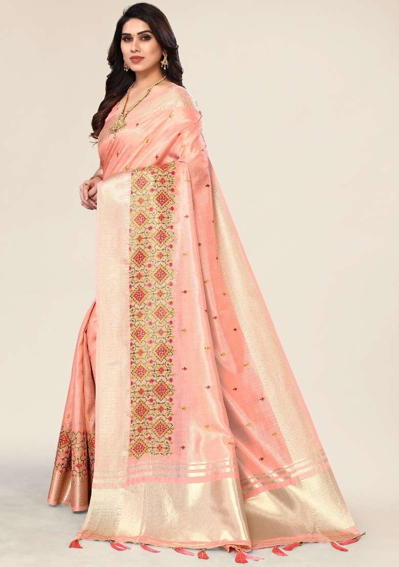 Orange Embroidery Silk Saree Set - Indya