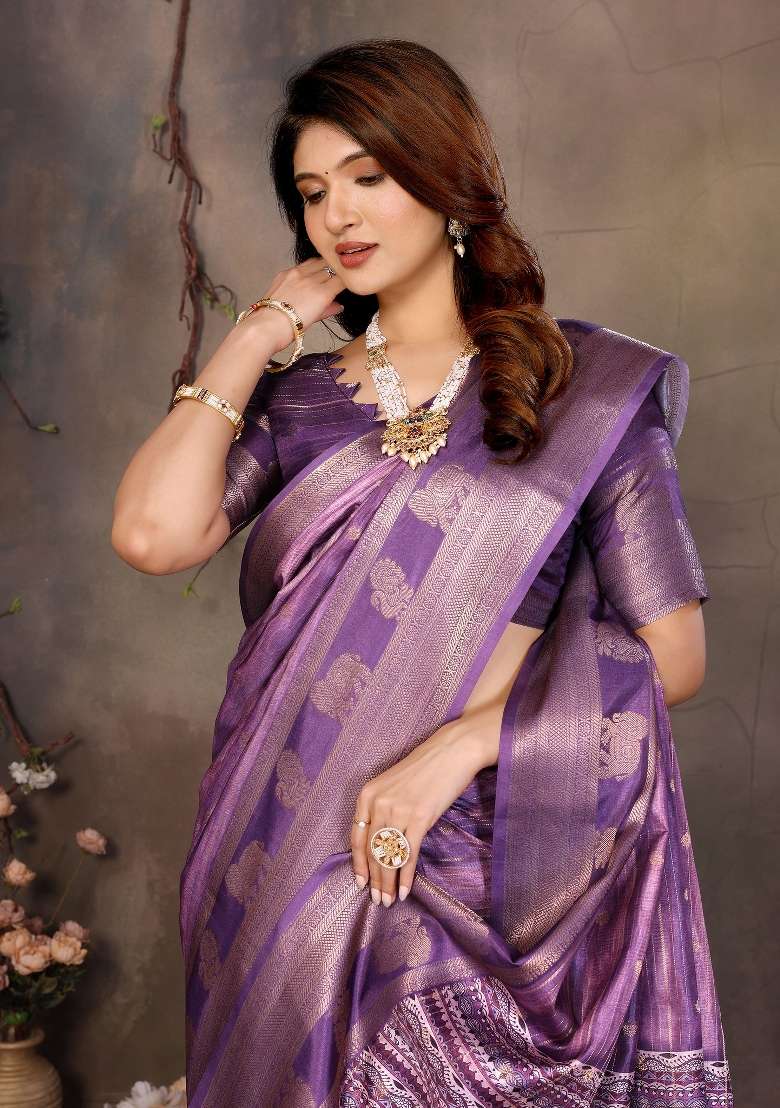 Purple Digital Print Dola Saree Set - Indya