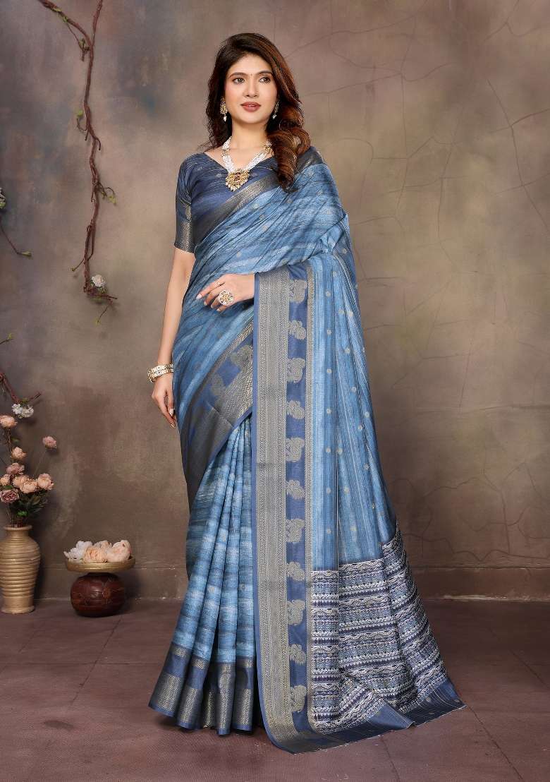 Blue Digital Print Dola Saree Set - Indya
