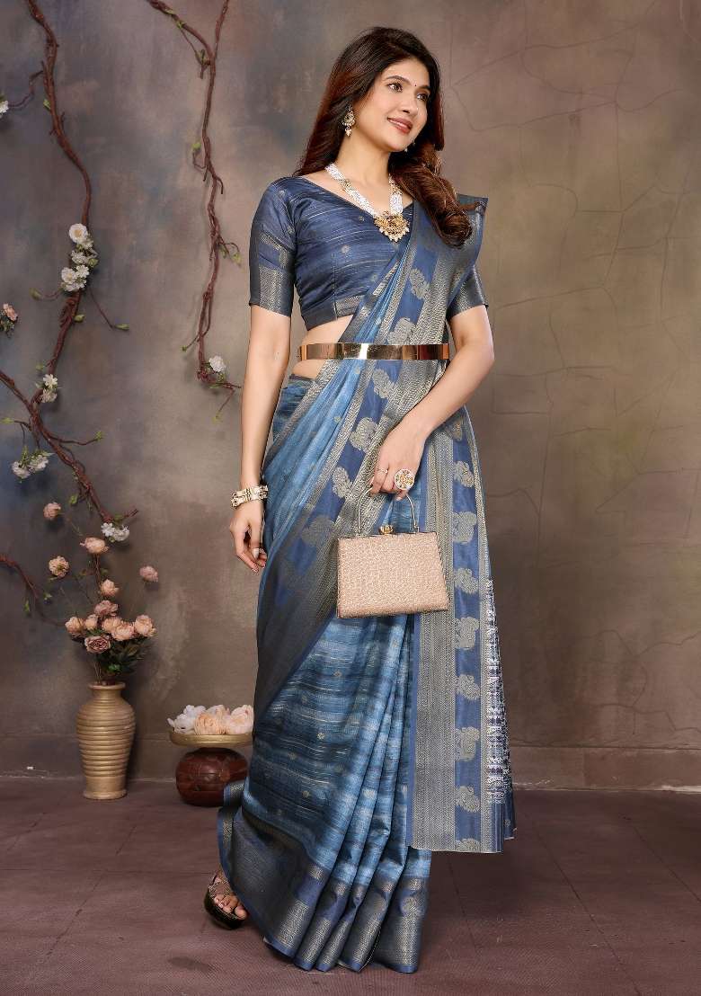 Blue Digital Print Dola Saree Set - Indya