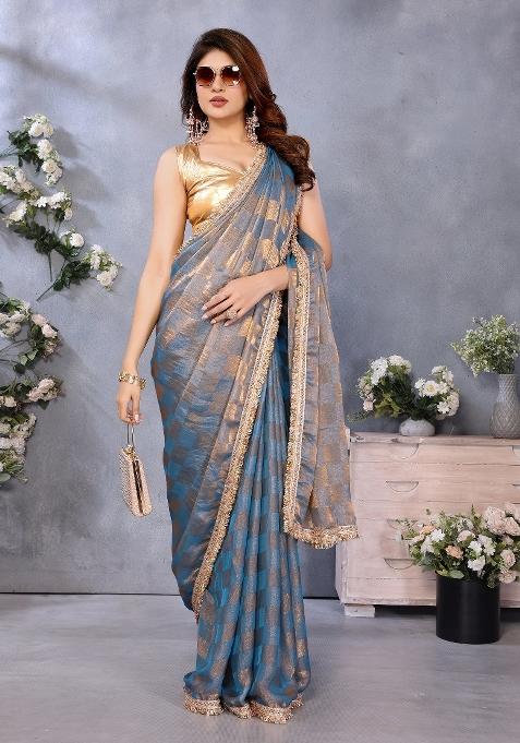 Blue Lace Work Satin Saree Set