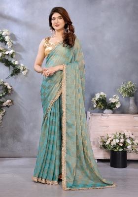 Green Lace Work Satin Saree Set