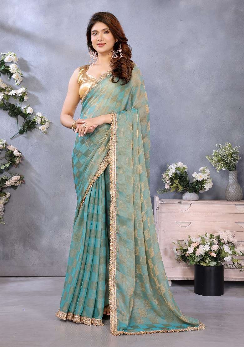 Green Lace Work Satin Saree Set - Indya
