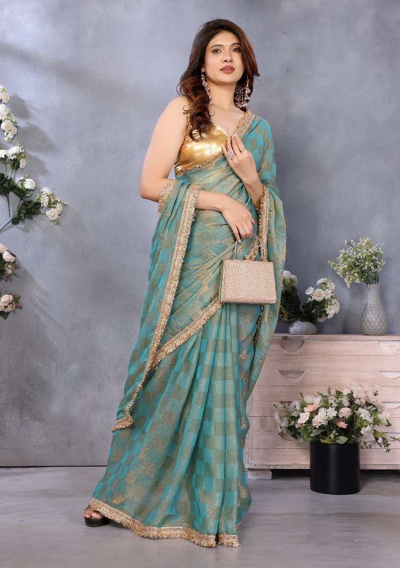 Green Lace Work Satin Saree Set - Indya