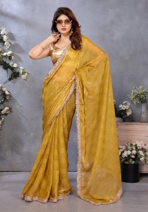 Mustard Lace Work Satin Saree Set