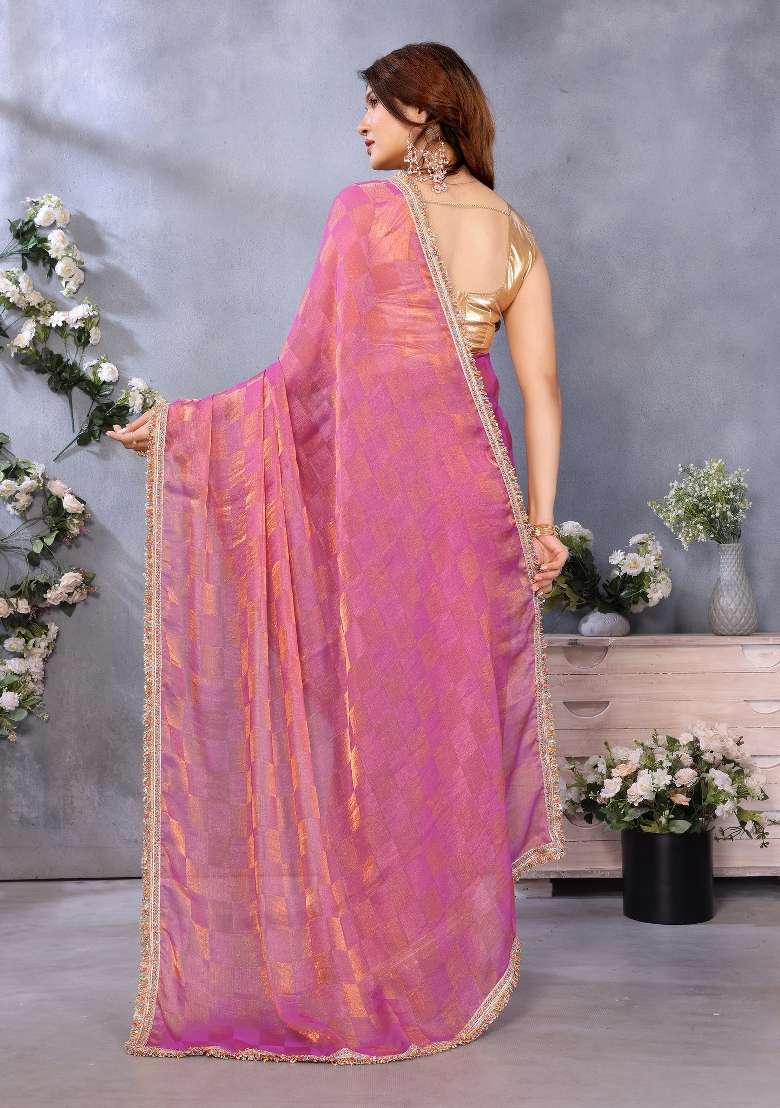 Pink Lace Work Satin Saree Set - Indya